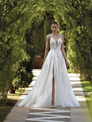 Demetrios, A-Linie, bestickter Rock, klassiches Brautkleid, Spaghettiträger, tiefer Rückenausschnitt, besticktes Oberteil, florale Spitze, glitzerner Tüllrock, tiefer V-Ausschnitt, besondere Spitze im Oberteil, Cut Outs, bestickte Träger,
