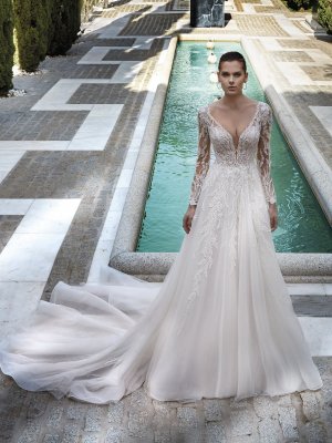 Demetrios, langer Arm, V-Ausschnitt, Brautkleid mit langem Arm, A-Linie, tiefer Rückenausschnitt, Spitze in den Rock, blush farbiges Brautkleid, bestickte Spitze, extravagantes Brautkleid, Schleppe, Brautkleid mit Übergang in den Rock,