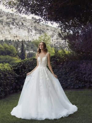 Demetrios, A-Linie, V-Ausschnitt, florale Spitze, nudeoptik, Spitzenübergang, Tüll Brautkleid,