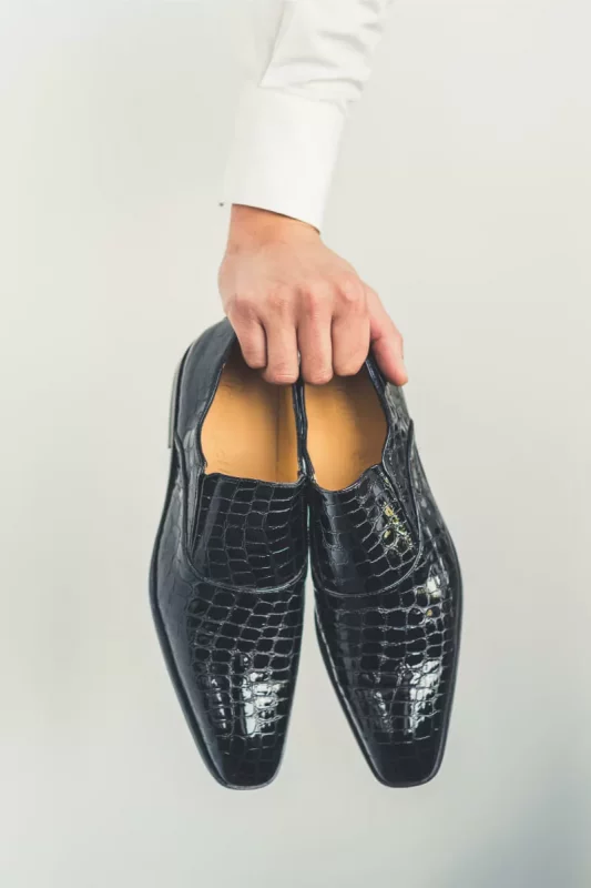 Paulo Bellini, Bräutigam Schuhe, schwarze Anzugsschuhe, Bräutigam Schuhe mit schwarzem Krokodilleder print, schwarze Lederschuhe, elegante Anzugsschuhe, Krokodilleder Print,